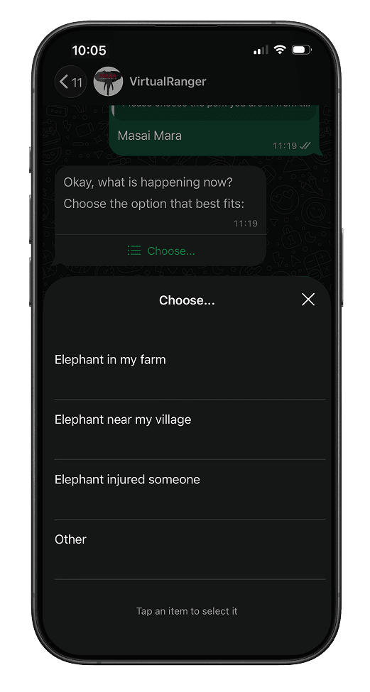 WhatsApp list of options: elephant in my farm, elephant near my village, elephant injured someone, other