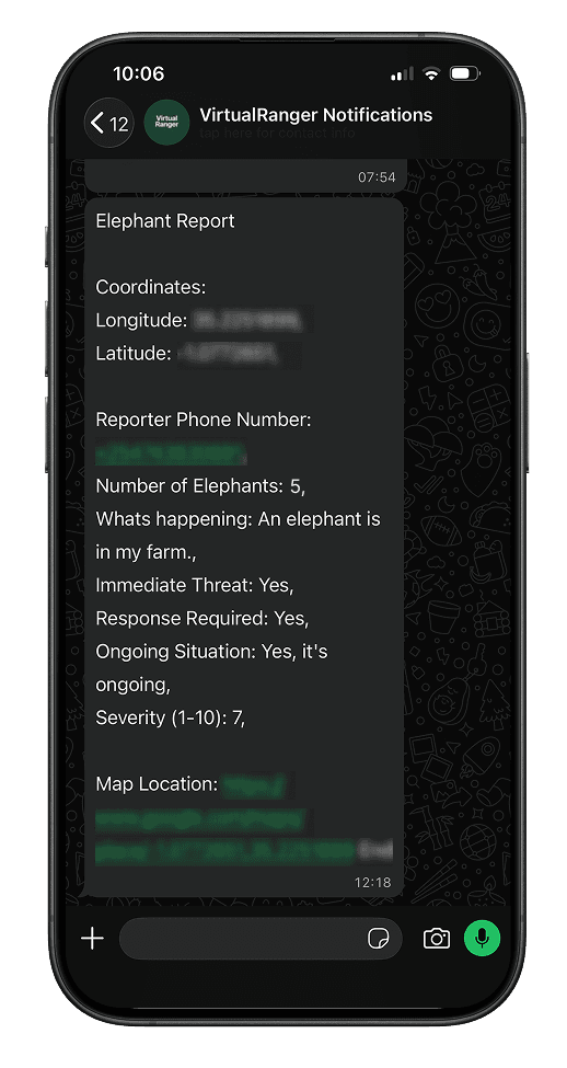 Notification received by the operations team: elephant report with coordinates, number of elephants, threat level, severity and map link