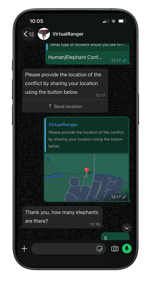 WhatsApp conversation with VirtualRanger: the reporter shares their location and answers questions about the incident